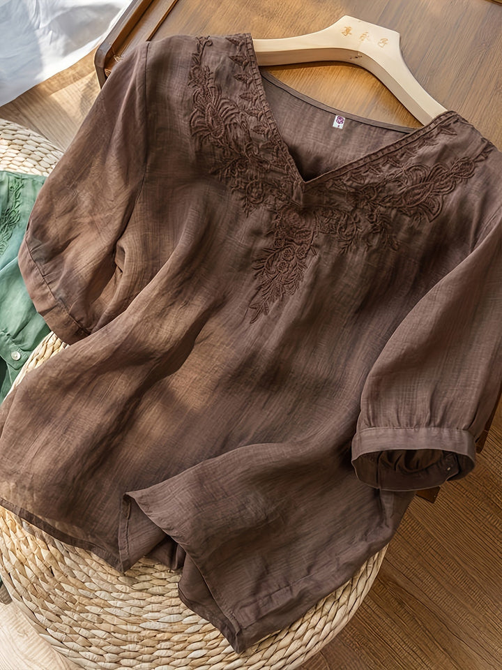 Duttini | Elegant Embroidered V-Neck Relaxed Fit Tunic Blouse
