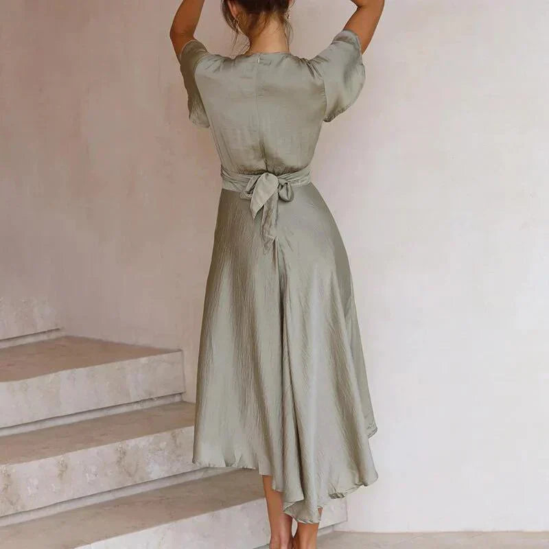 Duttini | Feminine Satin Midi Dress Deep V-Neck Tie Front Flutter Sleeve