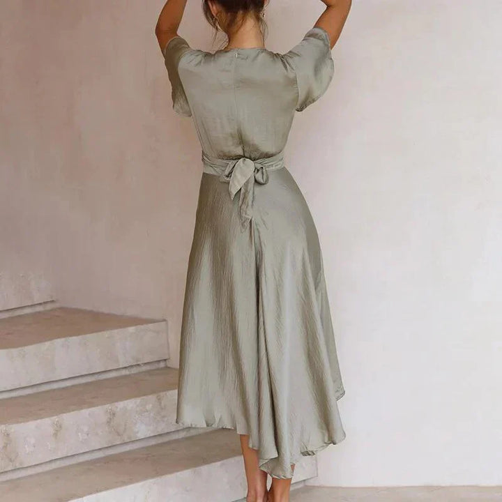 Duttini | Feminine Satin Midi Dress Deep V-Neck Tie Front Flutter Sleeve