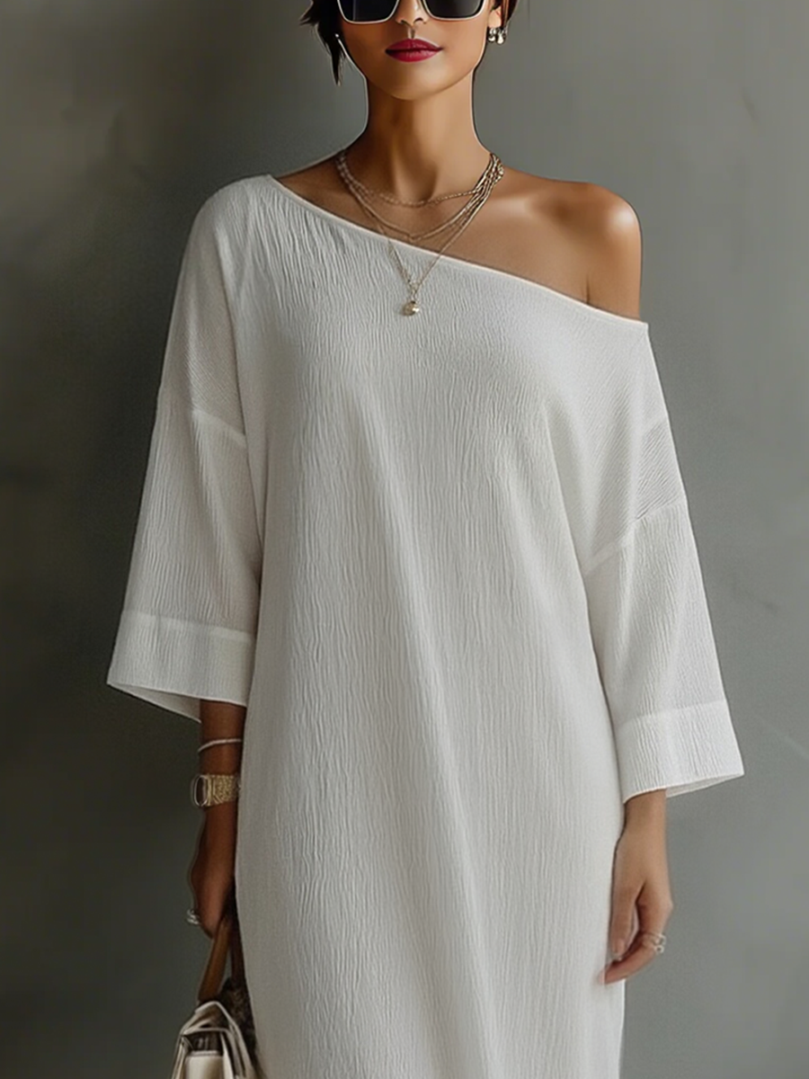 Duttini | Ivory White Cotton-Linen Blend Dress