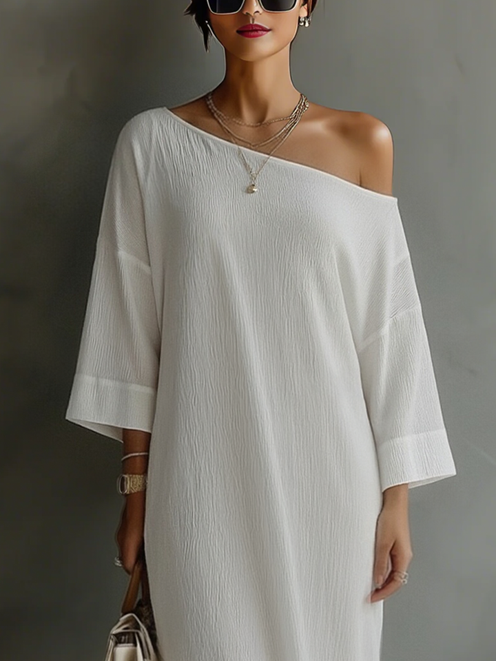 Duttini | Ivory White Cotton-Linen Blend Dress