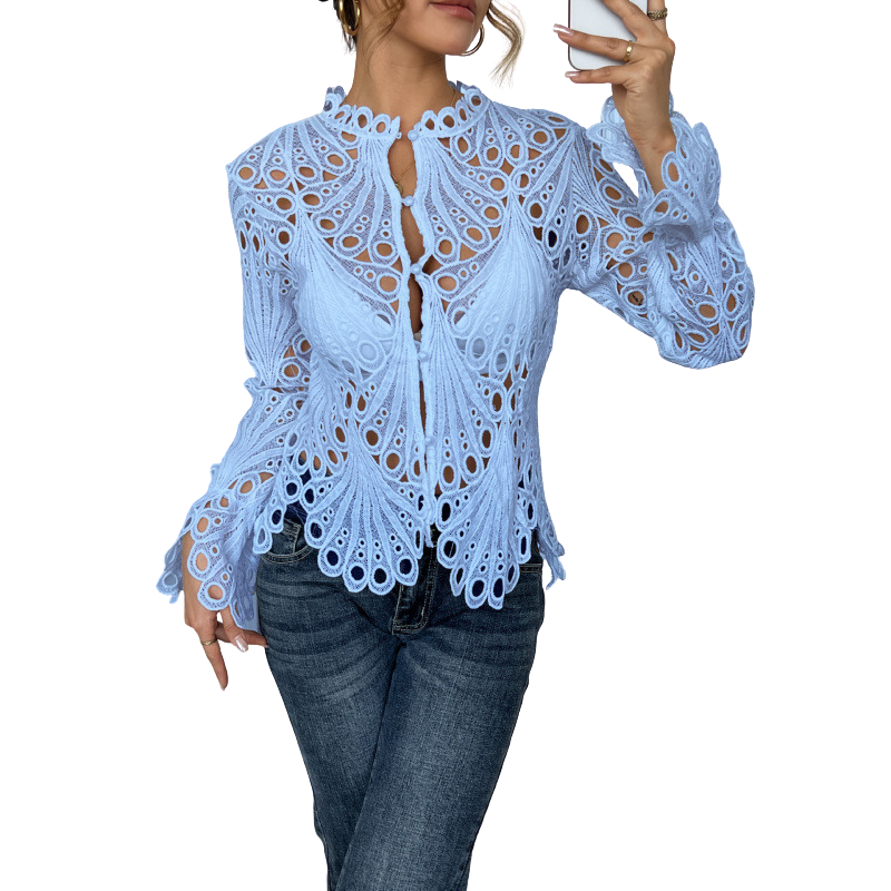 Duttini | Elegant Lace Cutwork Blouse Long Sleeve Hollow Out Top