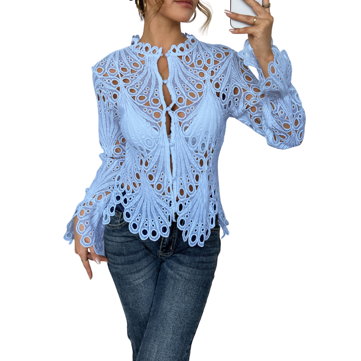 Duttini | Elegant Lace Cutwork Blouse Long Sleeve Hollow Out Top