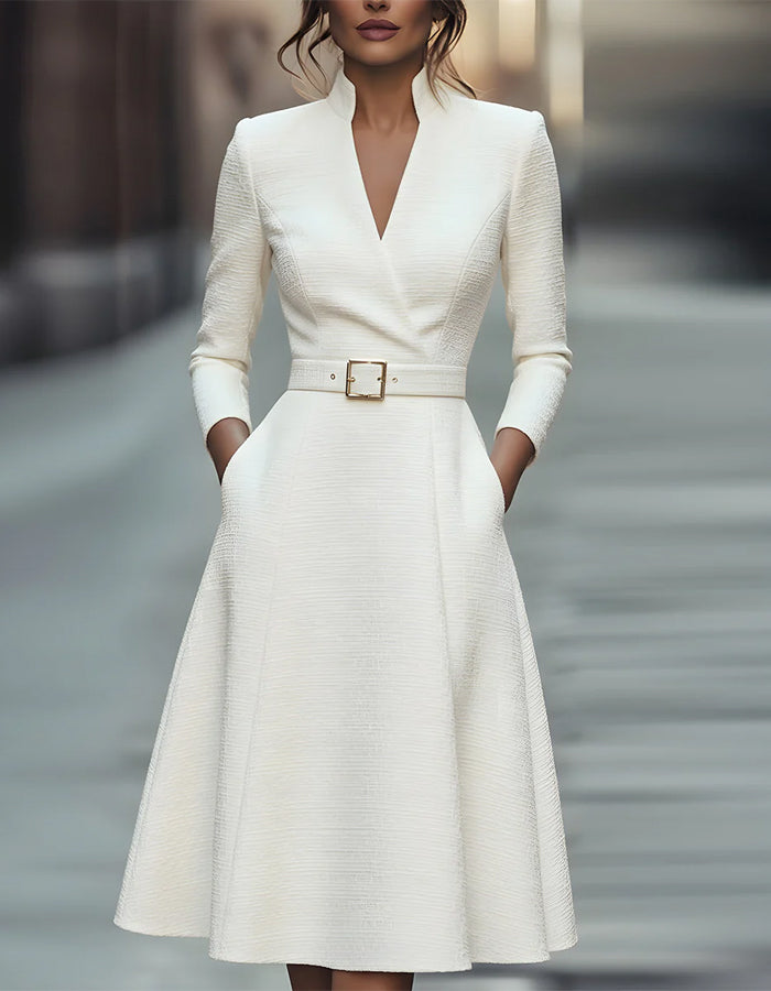 Duttini | Gold V-Neck A-Line Three-Quarter Sleeve Dress
