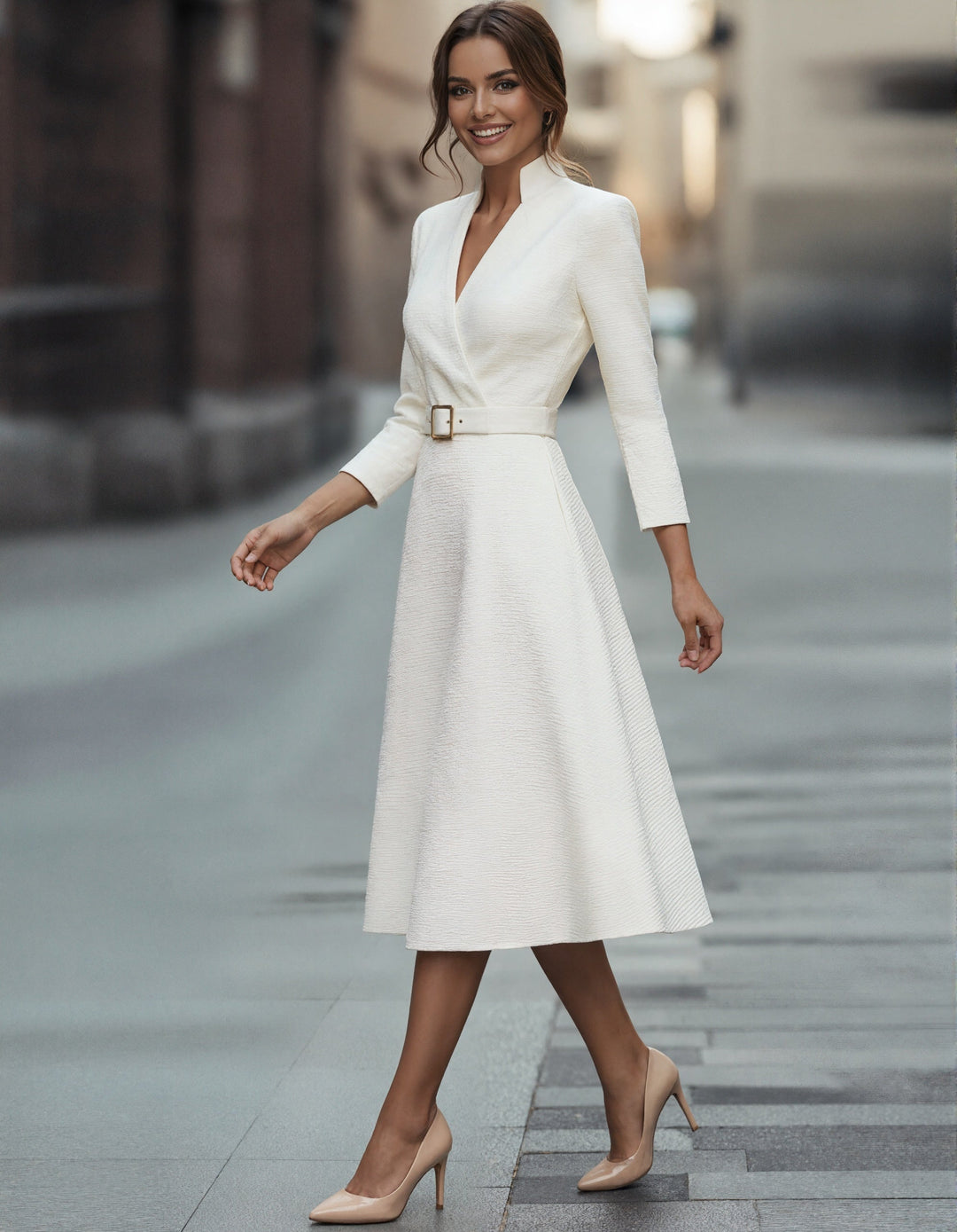 Duttini | Gold V-Neck A-Line Three-Quarter Sleeve Dress