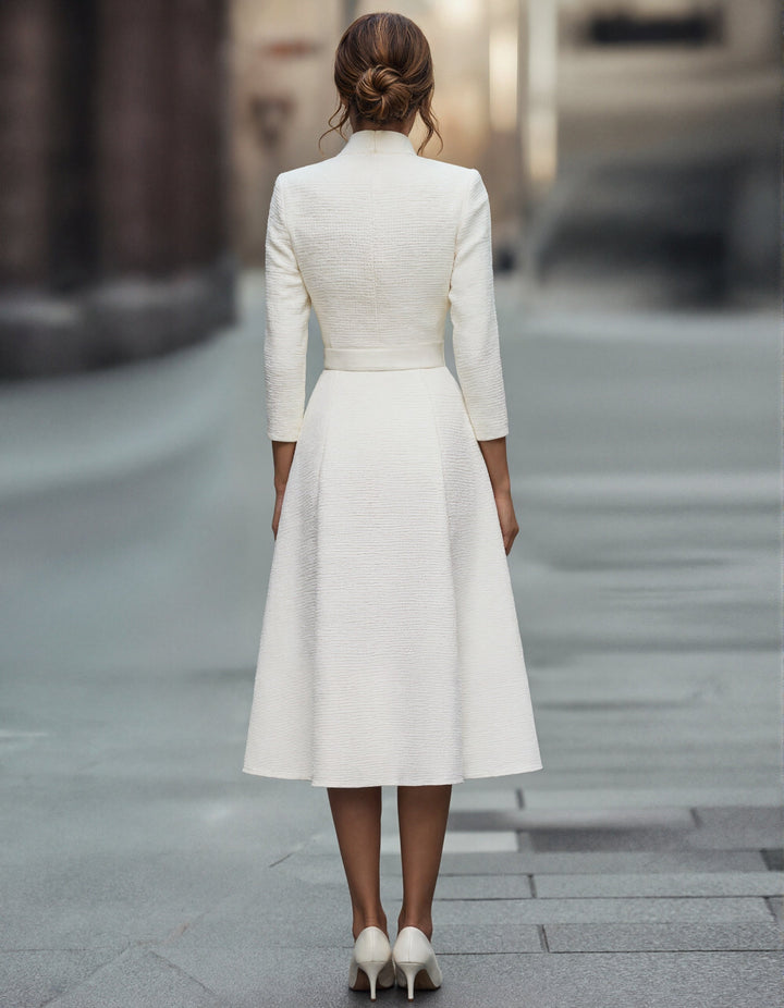 Duttini | Gold V-Neck A-Line Three-Quarter Sleeve Dress