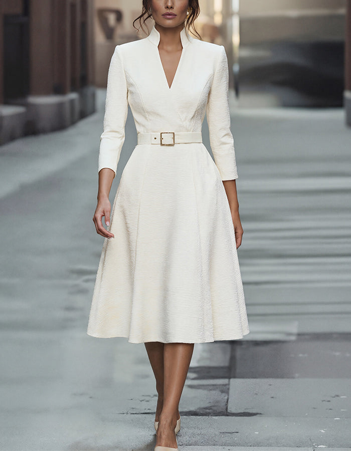 Duttini | Gold V-Neck A-Line Three-Quarter Sleeve Dress
