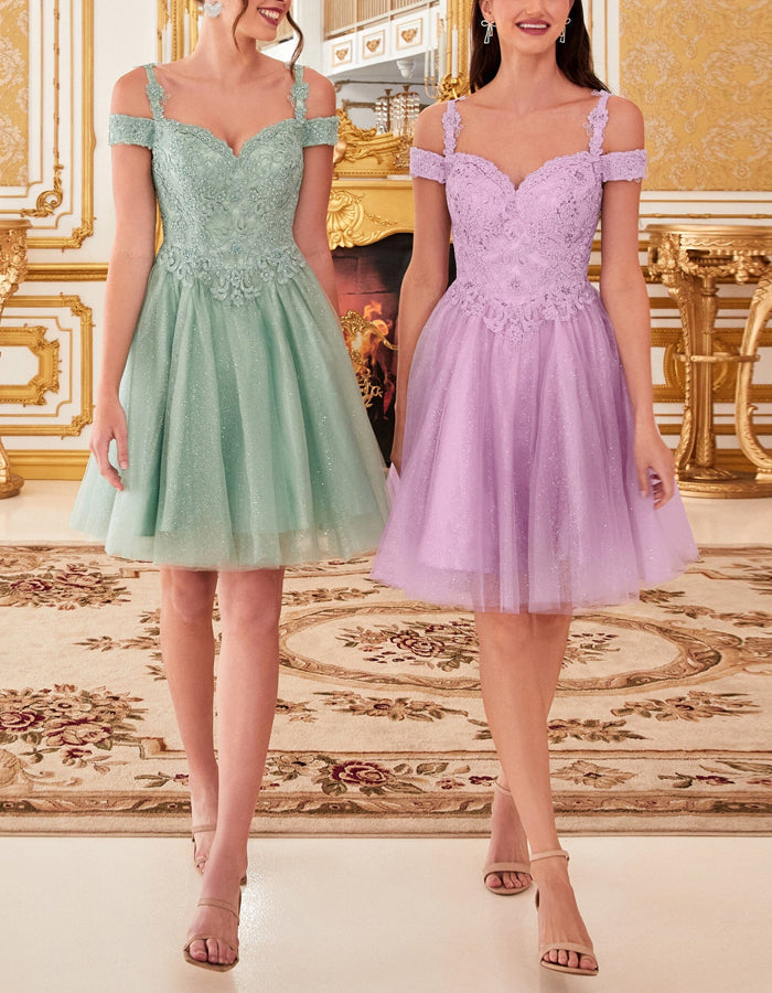 Duttini | Champagne Tulle Cocktail Off-Shoulder Dress