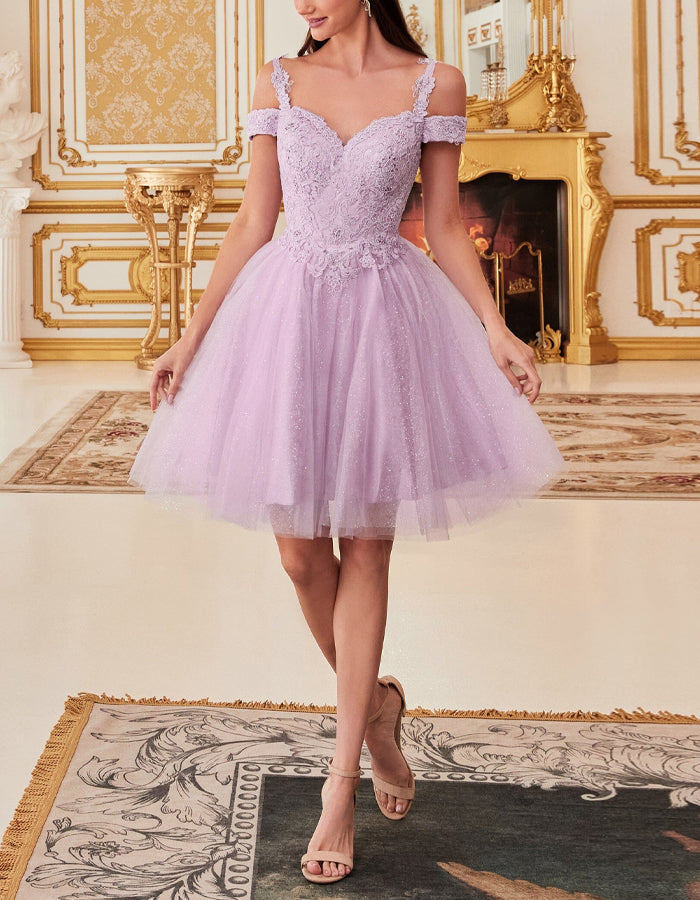 Duttini | Champagne Tulle Cocktail Off-Shoulder Dress