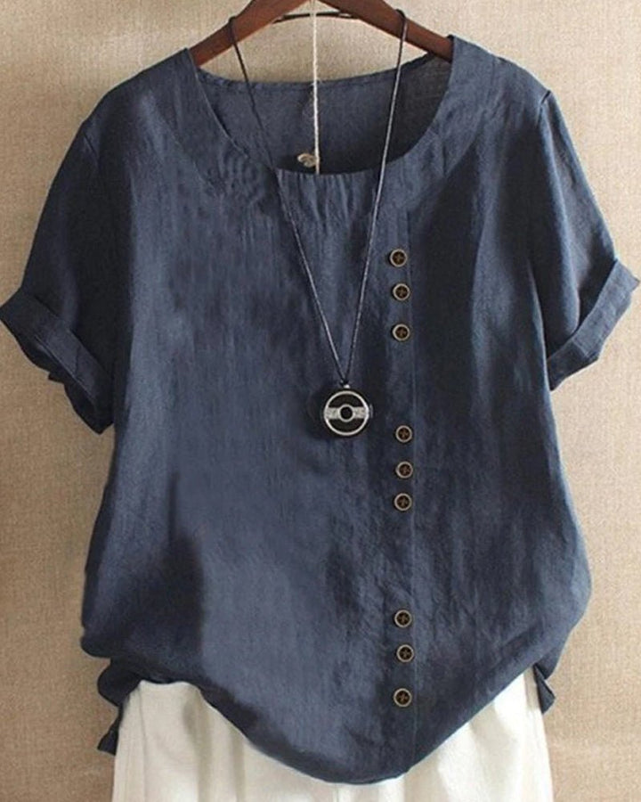 Duttini | Romantic Button Front Crew Neck Short Sleeve Casual Top