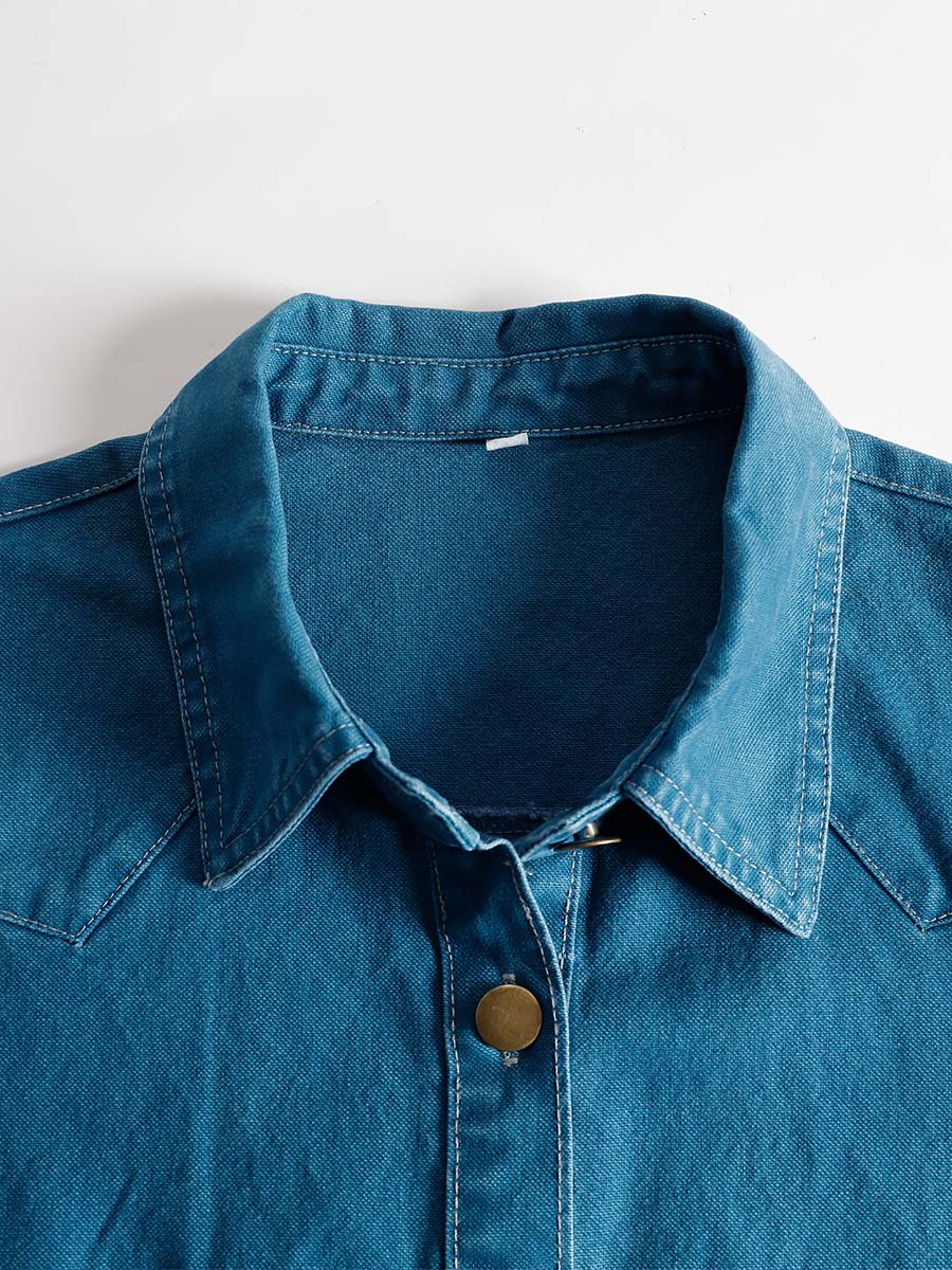 Duttini | V-Neck Short-Sleeved Organza Blue Denim Dress