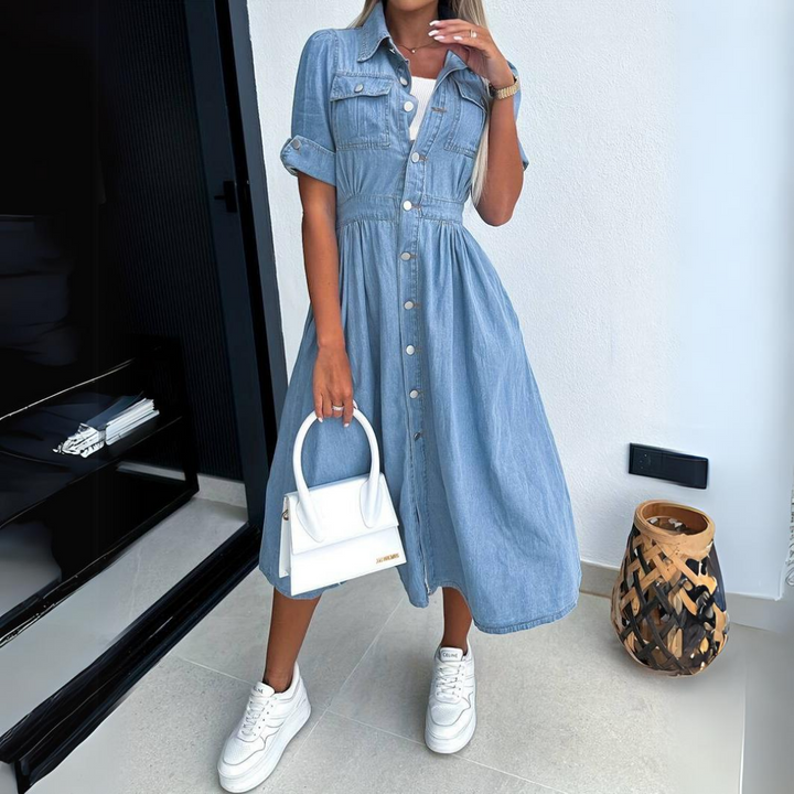 Duttini | Modern Denim Button-Up Midi Dress Short Sleeve