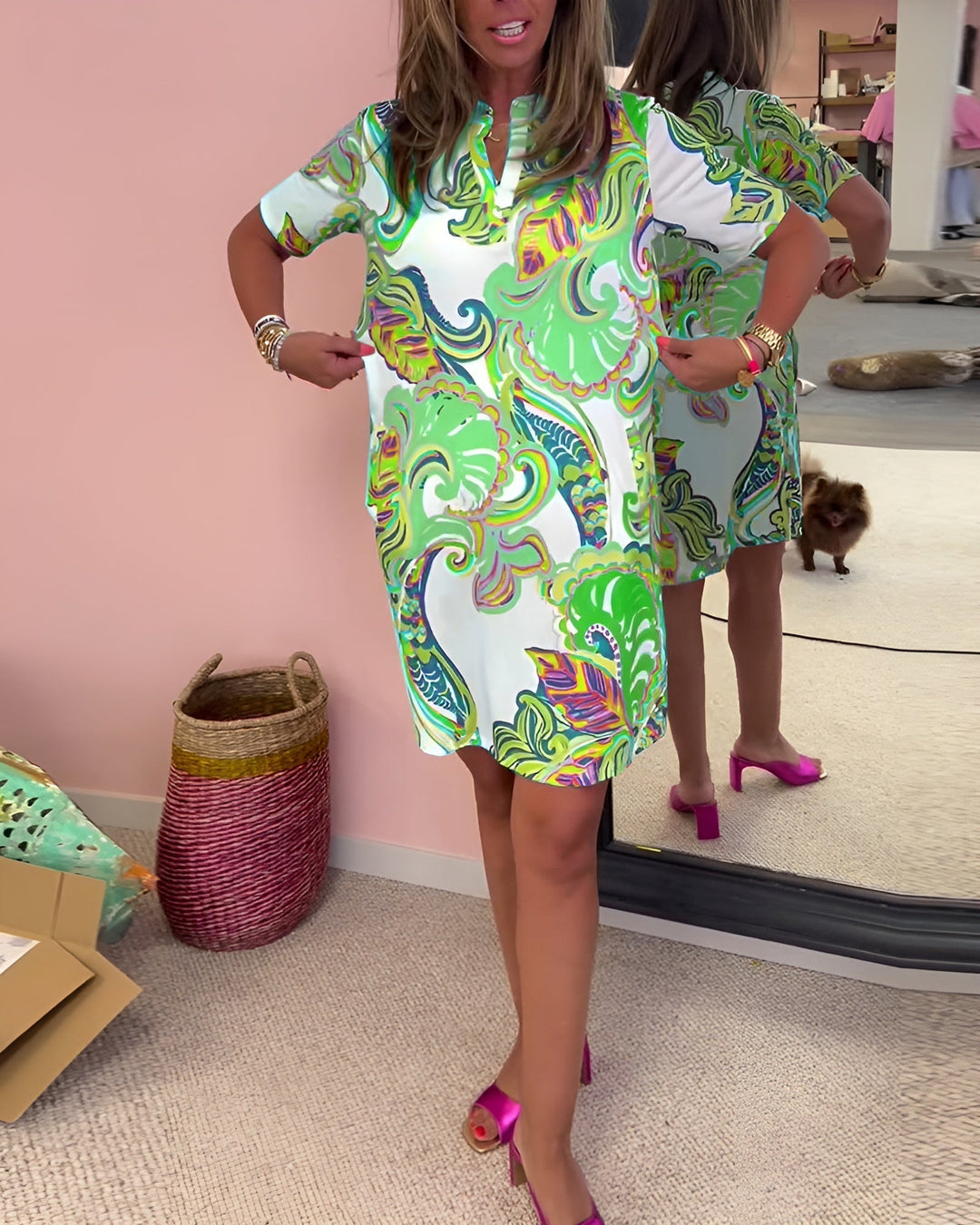 Duttini | Effortless V Neck Tummy Control Printed Draped Dress Casual Summer