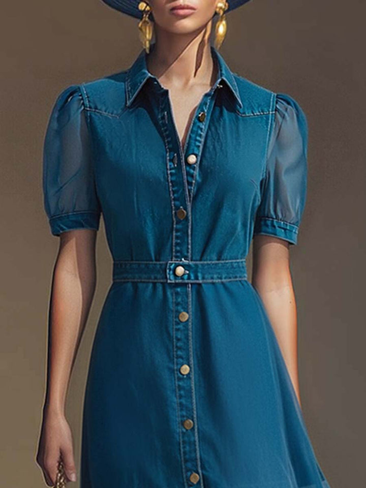 Duttini | V-Neck Short-Sleeved Organza Blue Denim Dress