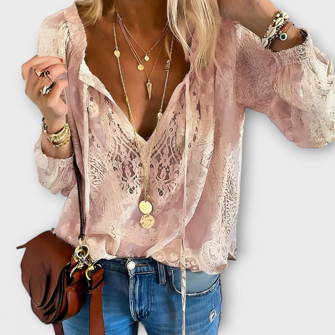 Duttini | Feminine Lace V-Neck Blouse Long Sleeve Boho Top