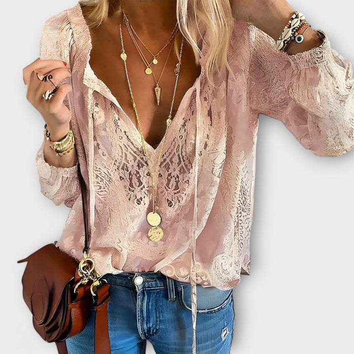 Duttini | Feminine Lace V-Neck Blouse Long Sleeve Boho Top