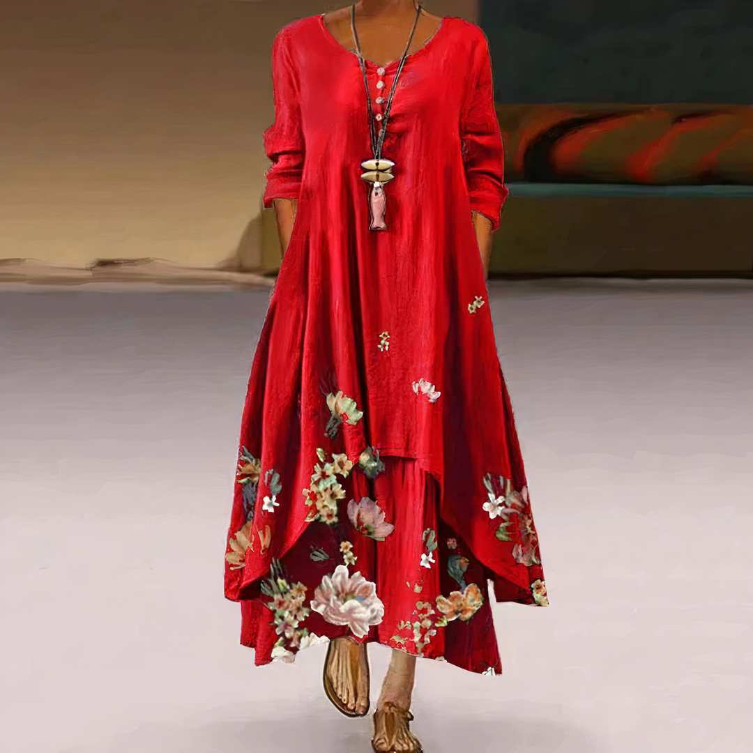 Duttini | Feminine Floral Print Long Sleeve Loose Maxi Dress