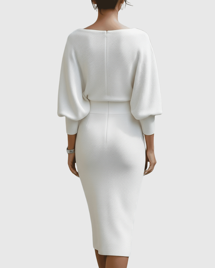 Duttini | Elegant Cowl Neck Batwing Sleeve Ribbed Midi Dress