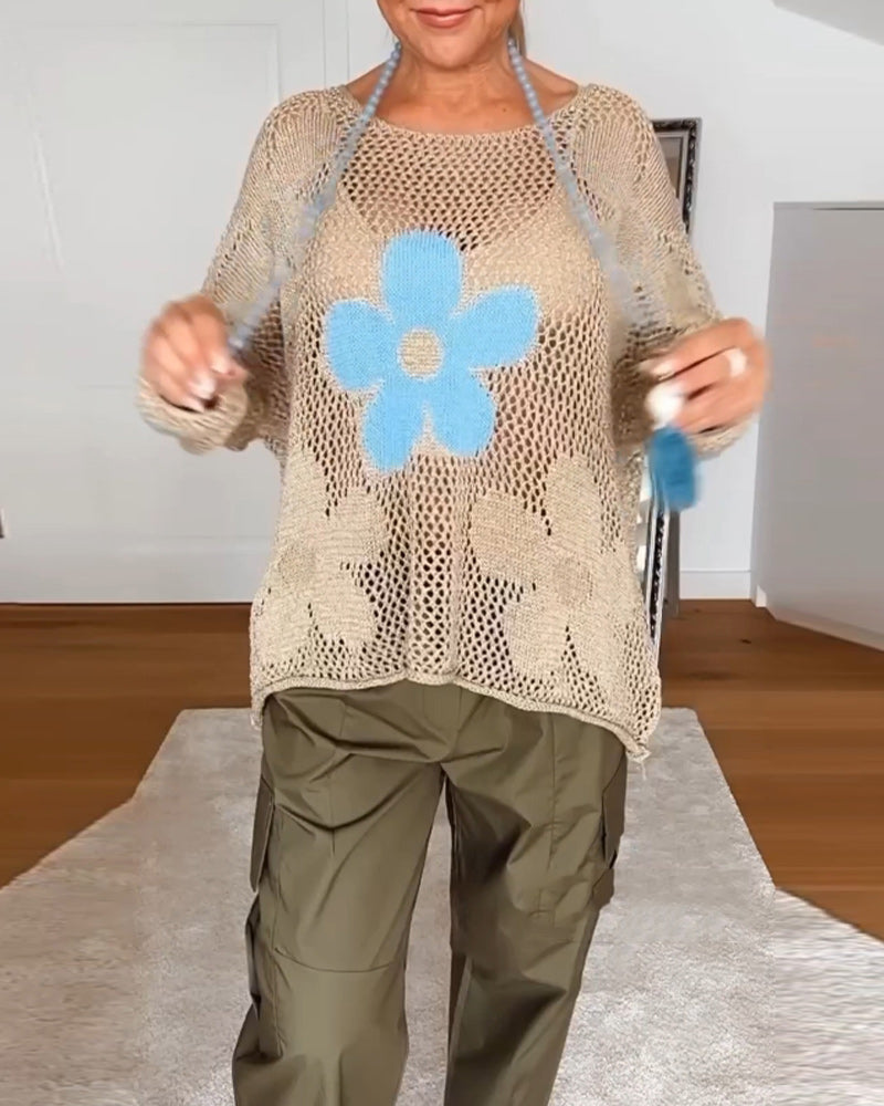 Duttini | Modern Crochet Top Floral Open Weave Long Sleeve