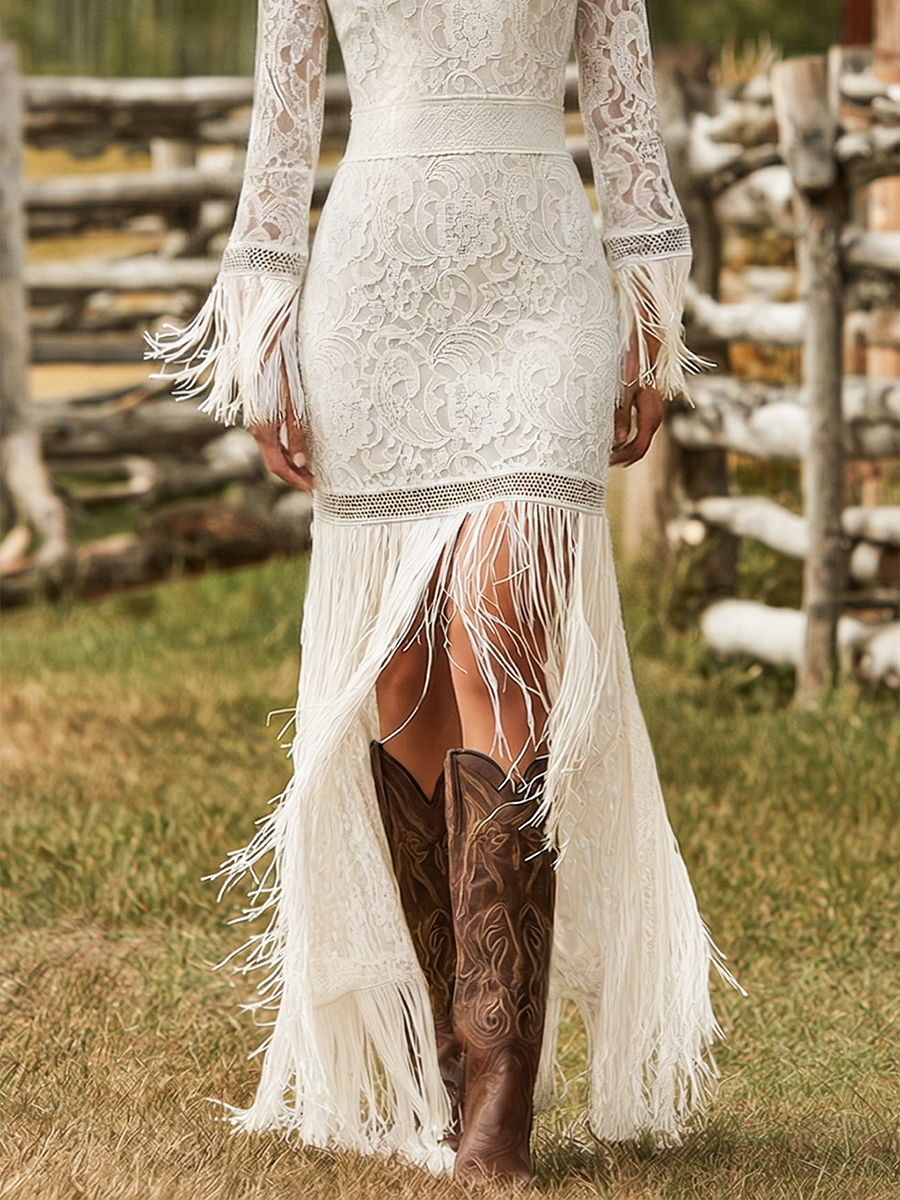 Duttini | White Lace V-Neck Evening Dress