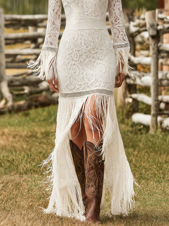 Duttini | White Lace V-Neck Evening Dress