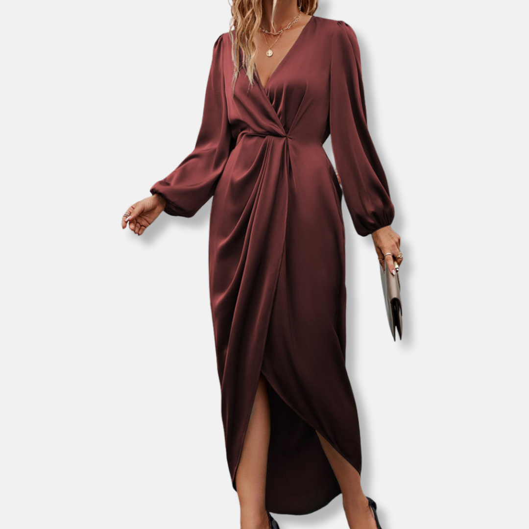 Duttini | Sculpted Draped Satin Midi Dress With Asymmetric Hem