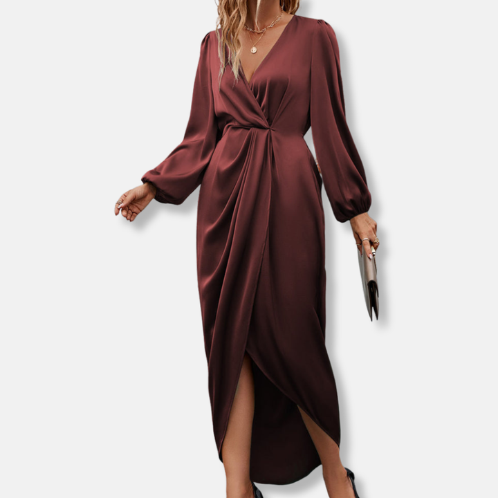 Duttini | Sculpted Draped Satin Midi Dress With Asymmetric Hem