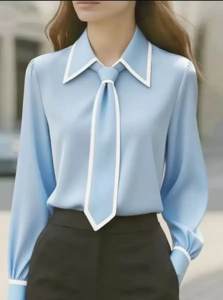 Duttini | Romantic Long Sleeve Tie Neck Blouse Contrast Collar