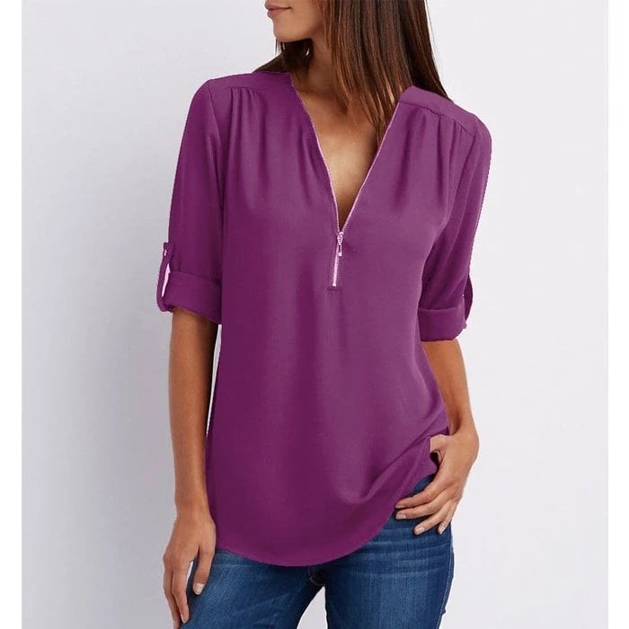 Duttini | Timeless Zip-Up V-Neck Half Sleeve Casual Blouse Top