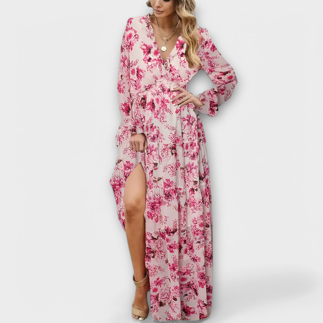 Duttini | Sculpted Floral V-Neck Maxi Dress in a Flattering Cut