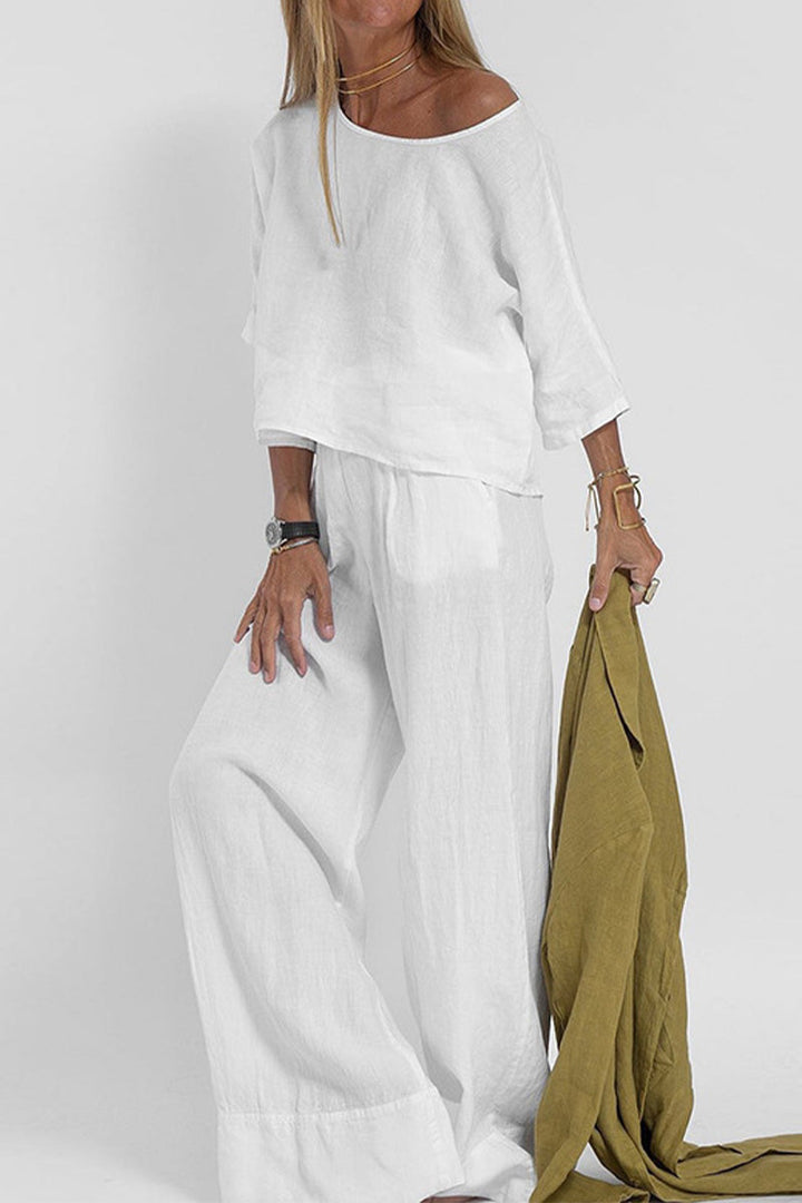 Duttini | Refined Relaxed Linen-Texture Two-Piece Set With Wide-Leg Trousers