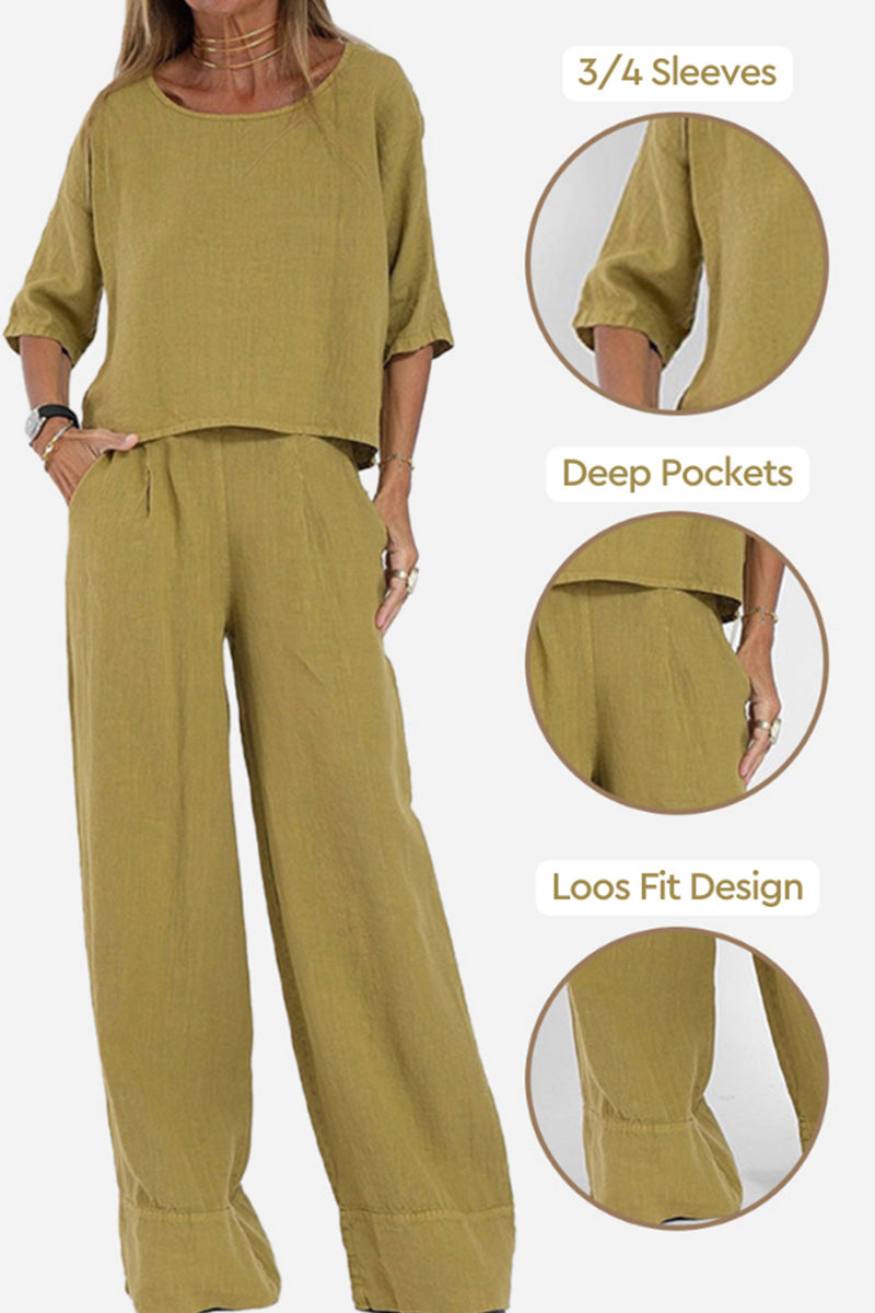 Duttini | Refined Relaxed Linen-Texture Two-Piece Set With Wide-Leg Trousers