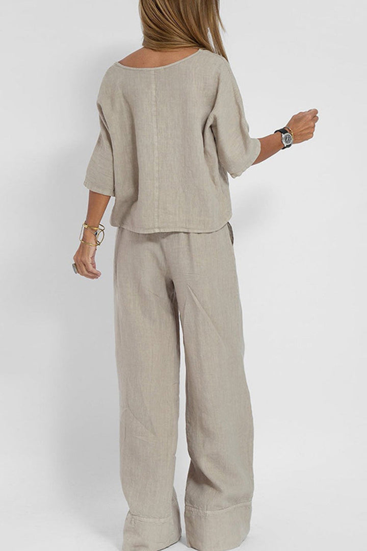 Duttini | Refined Relaxed Linen-Texture Two-Piece Set With Wide-Leg Trousers