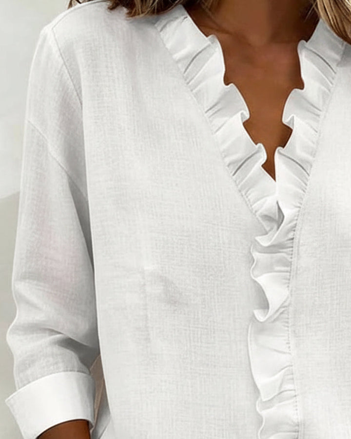 Duttini | Luxe Ruffle V-Neck Long Sleeve Blouse Spring Top