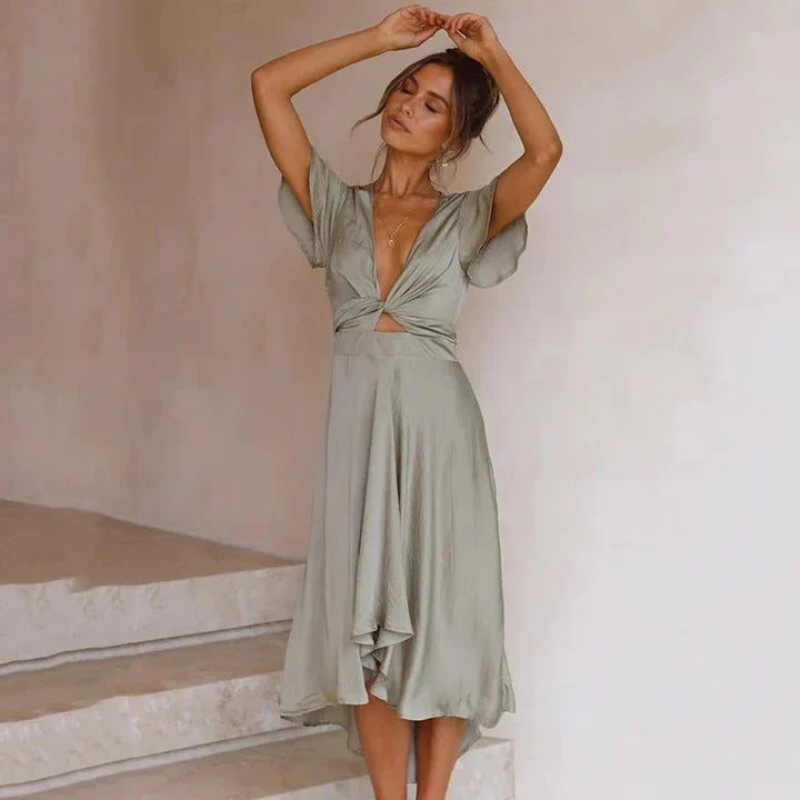 Duttini | Feminine Satin Midi Dress Deep V-Neck Tie Front Flutter Sleeve