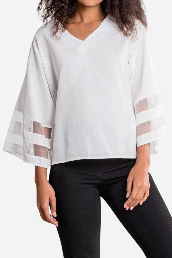 Duttini | Luxe V-Neck Bell Sleeve Blouse With Mesh Panel Detail