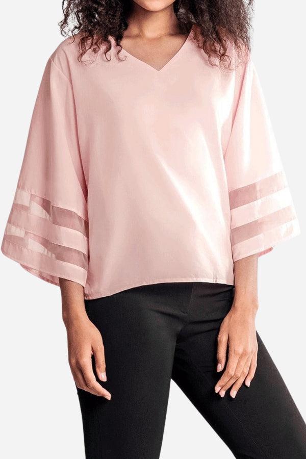 Duttini | Luxe V-Neck Bell Sleeve Blouse With Mesh Panel Detail