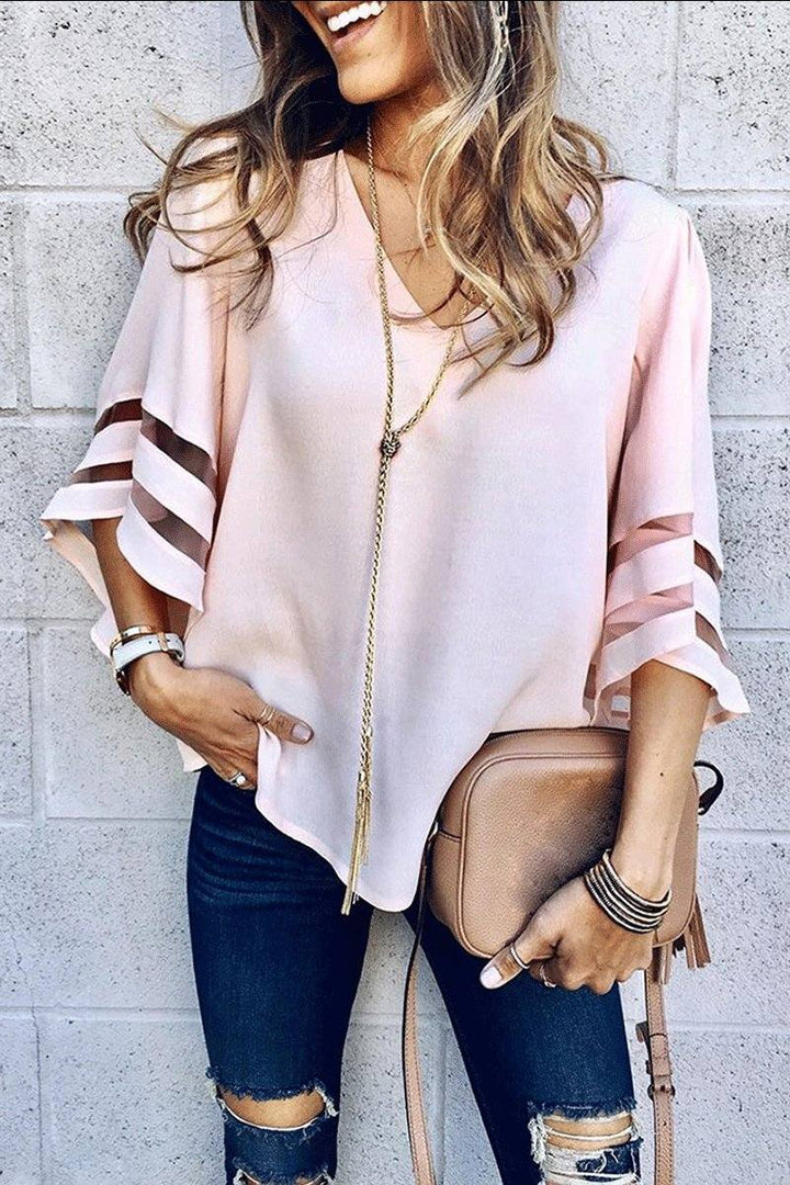 Duttini | Luxe V-Neck Bell Sleeve Blouse With Mesh Panel Detail