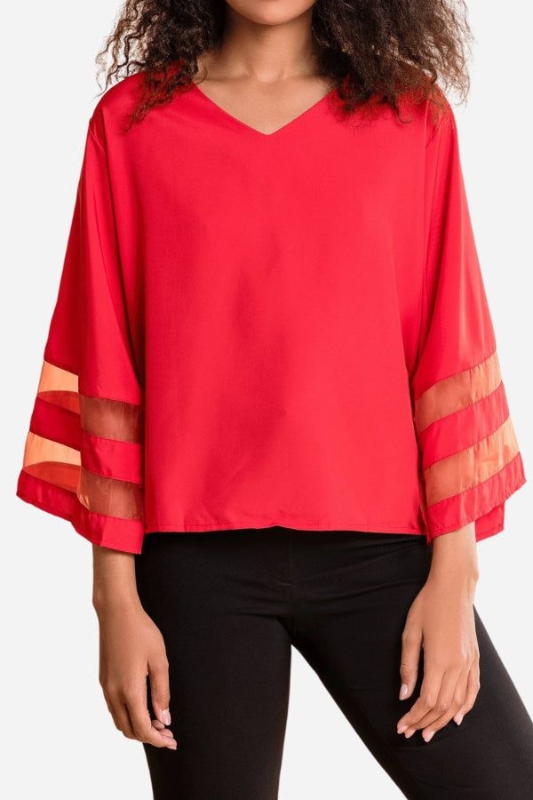 Duttini | Luxe V-Neck Bell Sleeve Blouse With Mesh Panel Detail