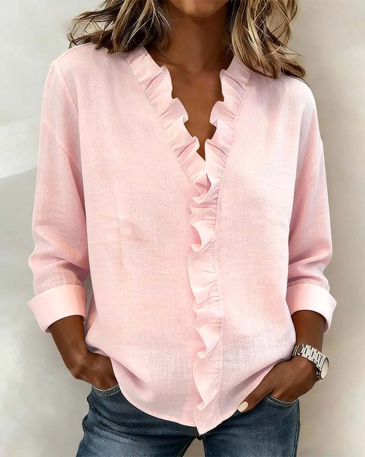 Duttini | Luxe Ruffle V-Neck Long Sleeve Blouse Spring Top