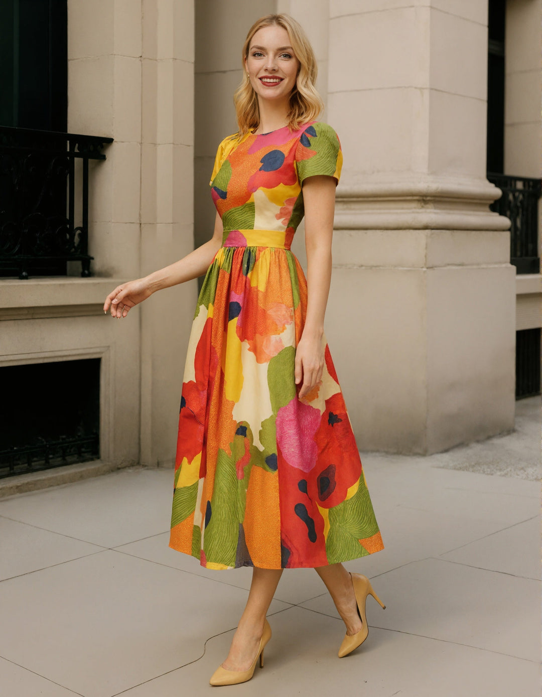 Duttini | Red Satin A-Line Pleated Puff Dress