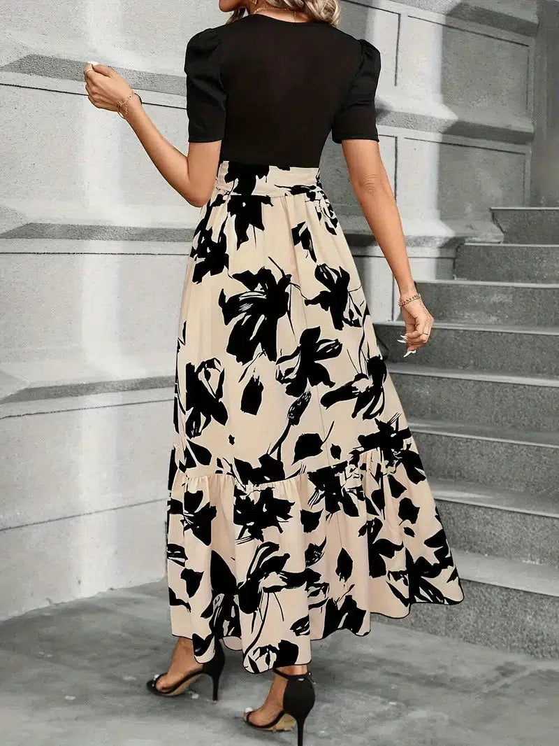 Duttini | Elegant Puff Sleeve Floral Maxi Dress With Tie Waist