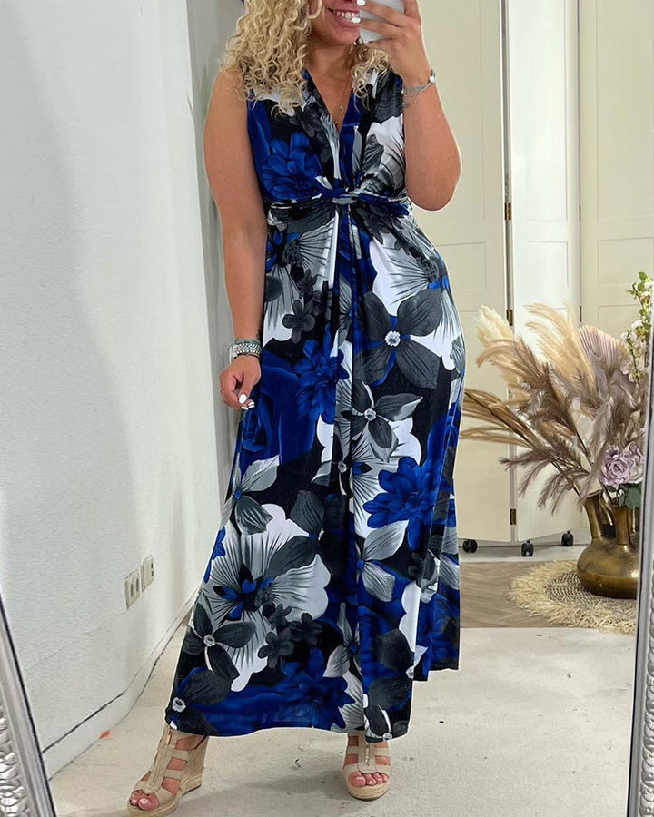 Duttini | Chic Floral Maxi Dress Sleeveless Tie Front V-Neck