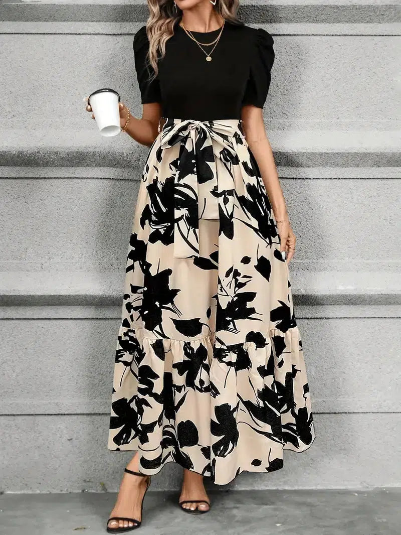 Duttini | Elegant Puff Sleeve Floral Maxi Dress With Tie Waist