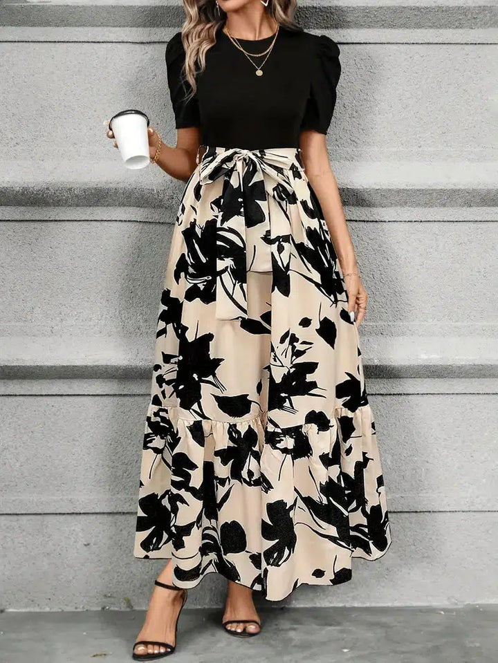 Duttini | Elegant Puff Sleeve Floral Maxi Dress With Tie Waist