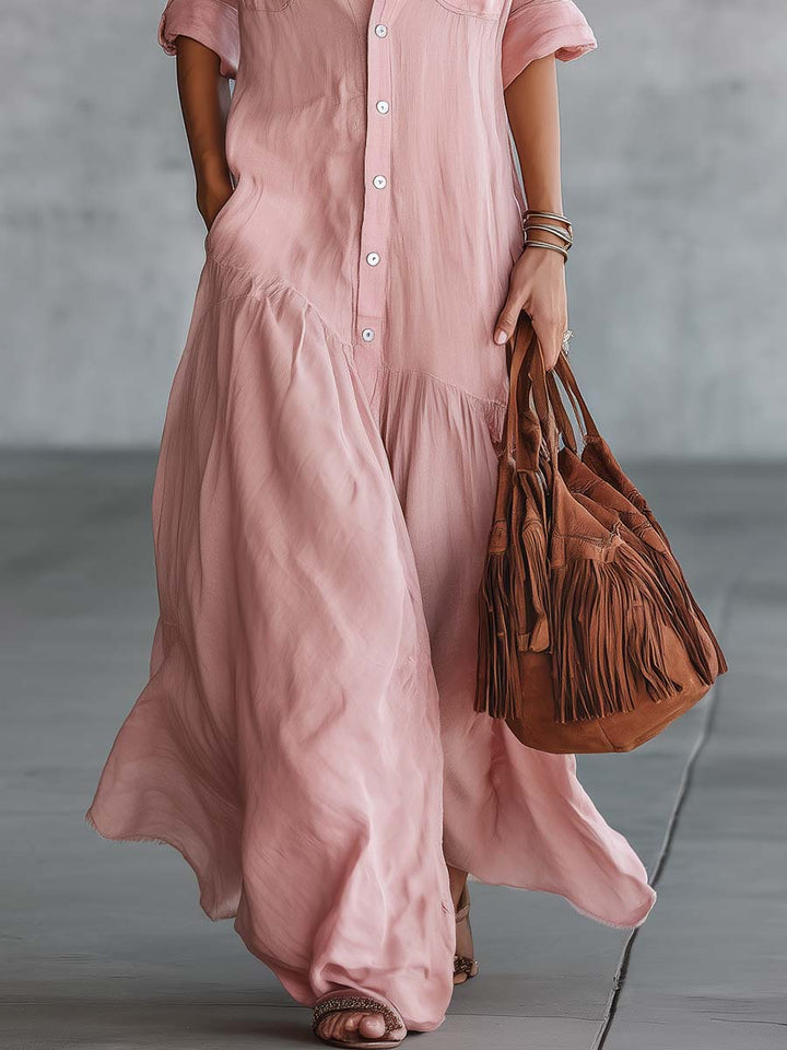 Duttini | Pink Linen V-Neck Casual Dress