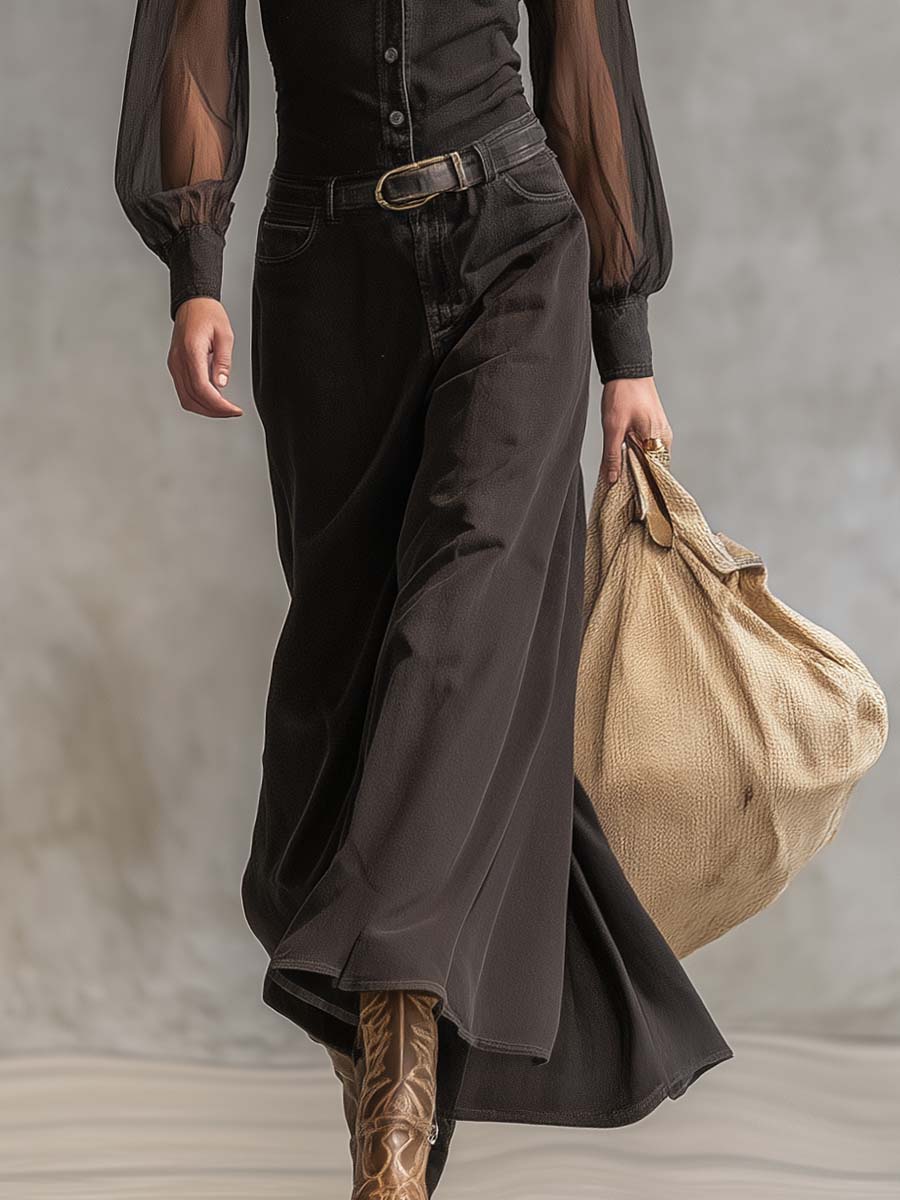 Duttini | Black Denim V-Neck Casual Dress