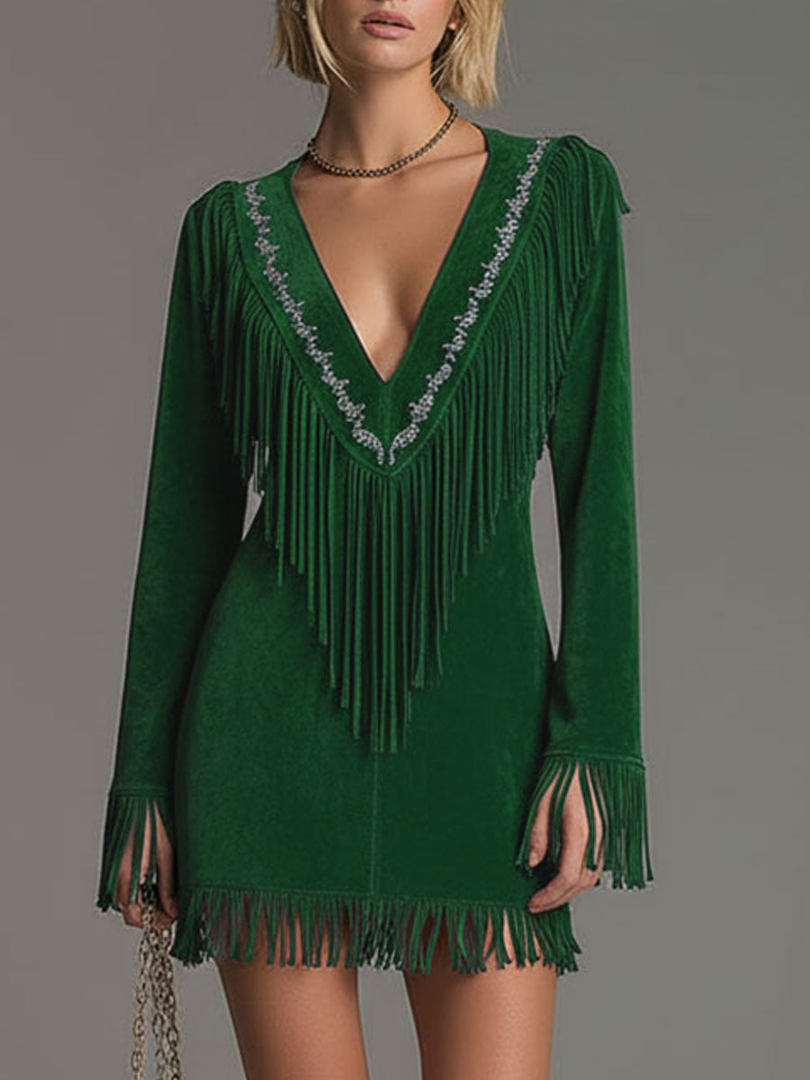 Duttini | Red Faux Suede Tassel Western Dress