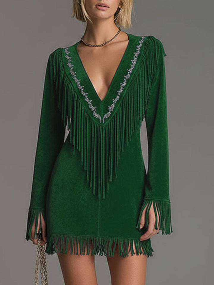Duttini | Red Faux Suede Tassel Western Dress