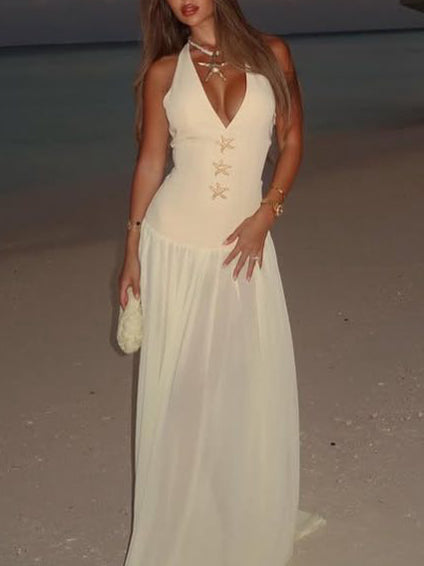 Duttini | Fashion Halterneck Lace-Up Deep V-Neck Dress